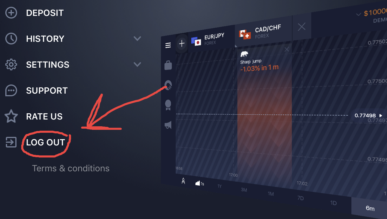 Menu keluar aplikasi seluler IQOption.com