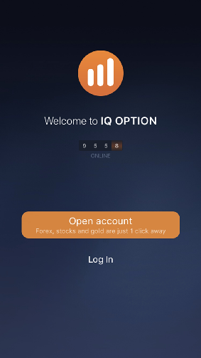 Menu di benvenuto di IQOption sull'app mobile