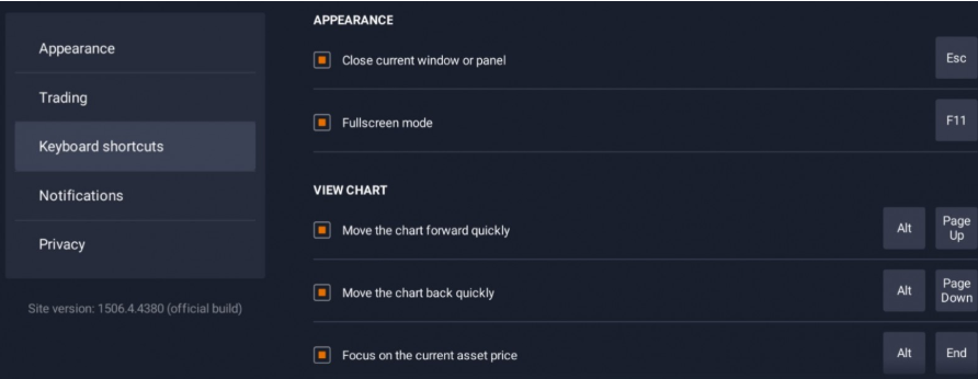 Métodos abreviados de teclado de iqoption